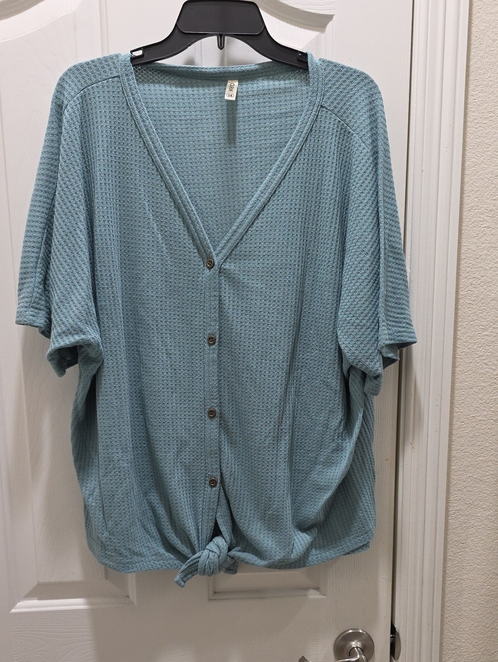 Light Green Waffle-Knit Short Sleeve Button Front Shirt
